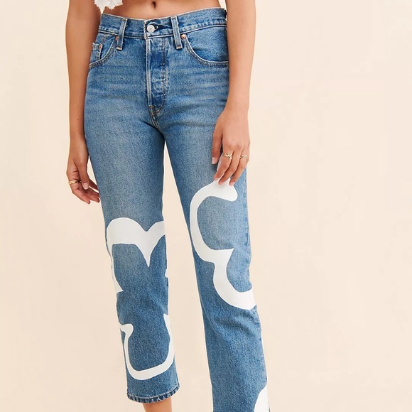 New Levi's 501 Crop high rise straight leg blue 100% cotton Floral print Jeans - Picture 4 of 10